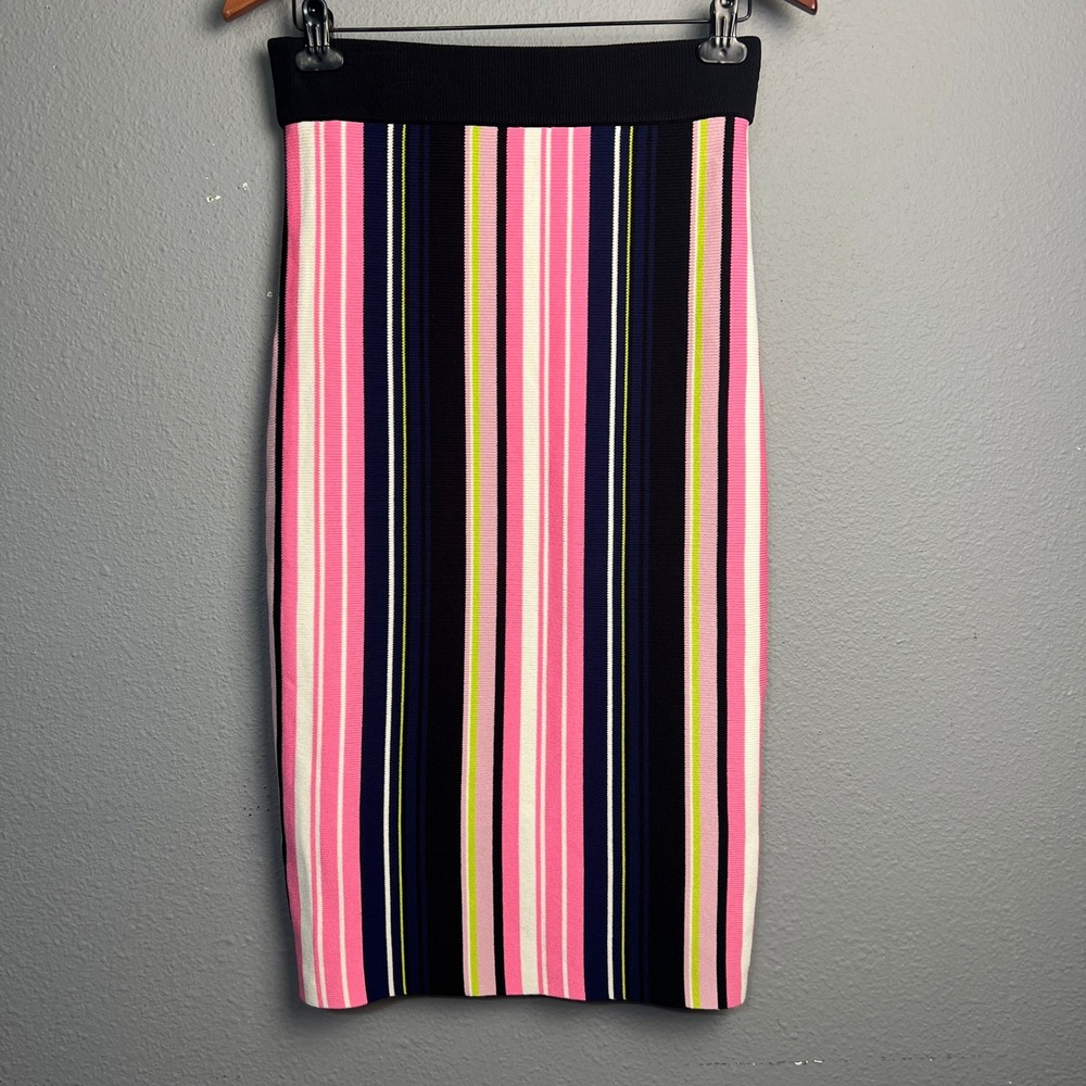 Rachel Roy Knit Skirt April Striped Pink White Navy‎ Black Bodycon Midi Womens M
